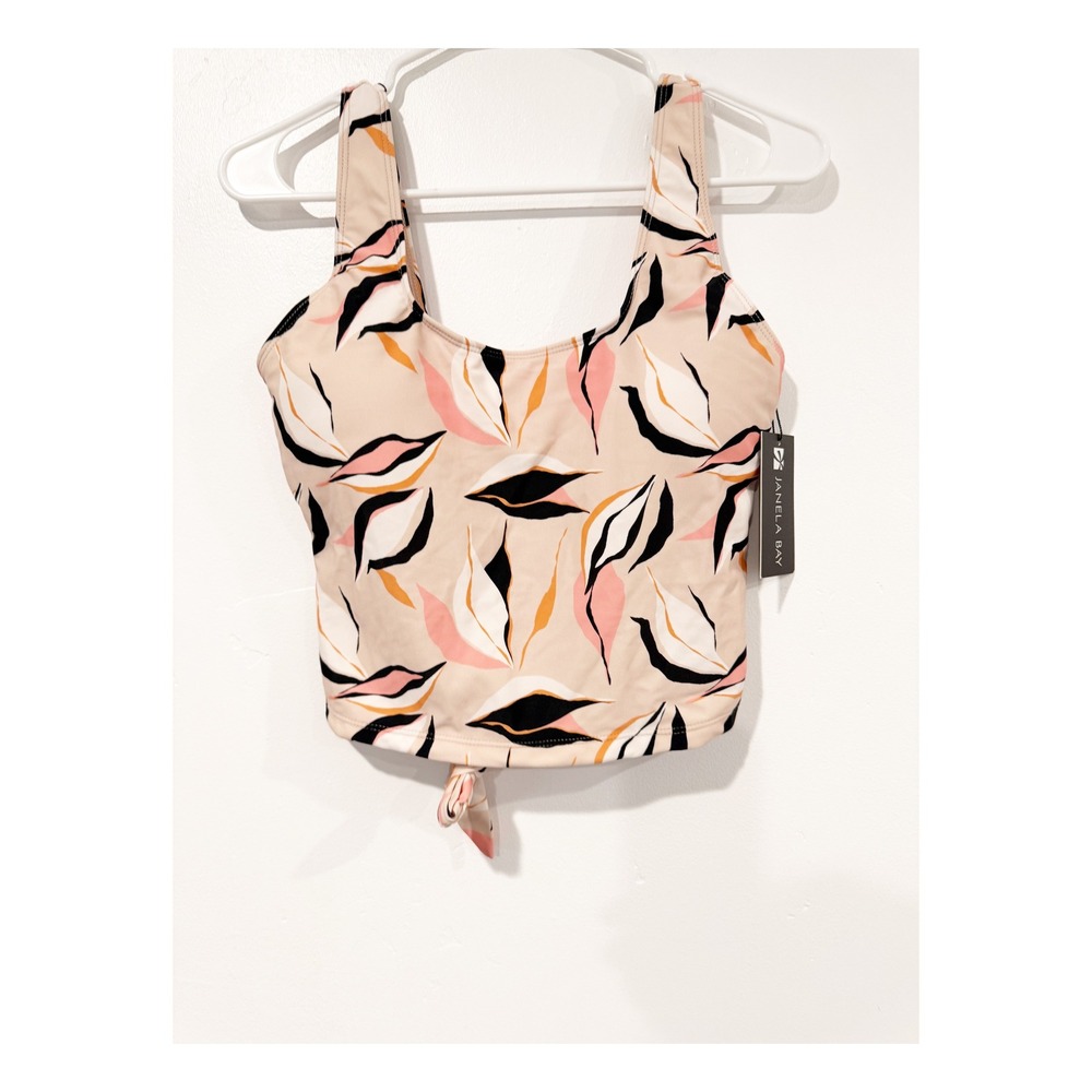 Janela Bay Abstract Leaf Scoop Neck Ladder Back Tankini Top Pink Orange Cream M